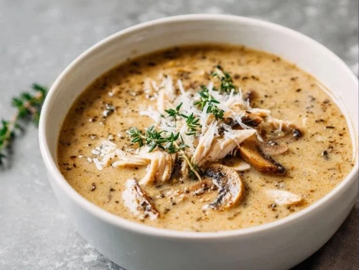 Creamy mushroom chicken soup in a bowl with fresh herbs on top
