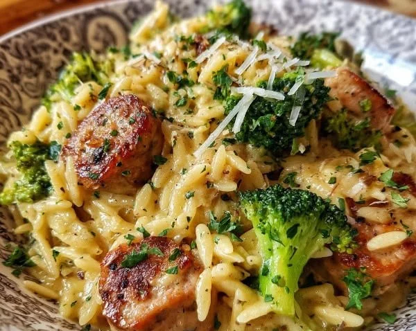 Creamy one-pot chicken sausage and broccoli orzo dish in a bowl
