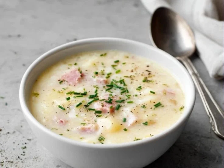 Bowl of creamy potato ham soup with fresh herbs on a wooden table