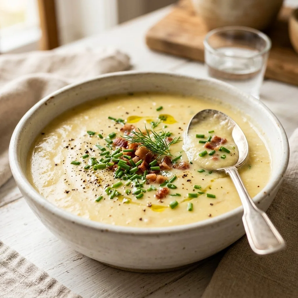 Bowl of creamy potato soup garnished with herbs and served with bread