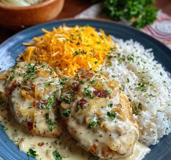 Creamy smothered chicken served over rice in a hearty dish