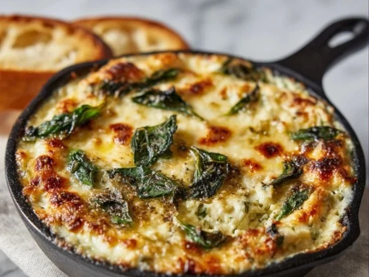 Creamy spinach artichoke dip served in a bowl with tortilla chips
