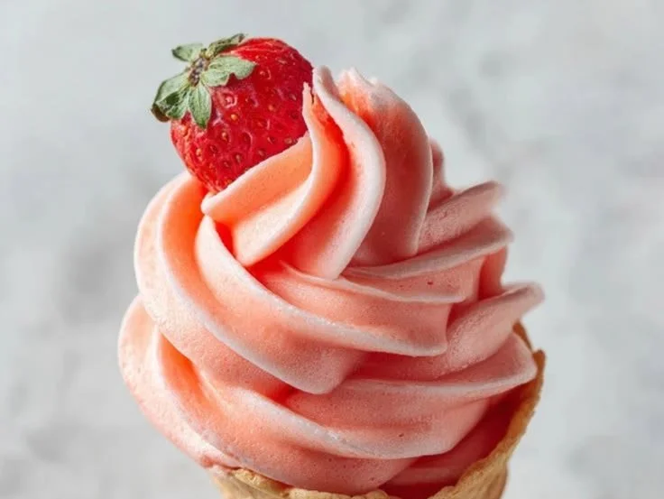 Creamy homemade strawberry soft serve in a waffle cone
