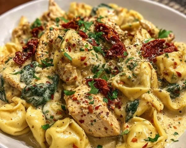 Creamy Tuscan Garlic Chicken served with tortellini and fresh herbs