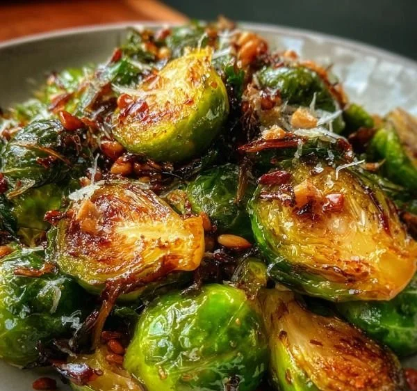 Crispy Brussels sprouts with honey balsamic glaze on a serving plate.