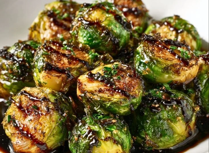 Plate of Crispy Brussels Sprouts drizzled with honey balsamic glaze