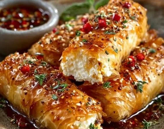 Crispy feta rolls drizzled with chili honey on a plate