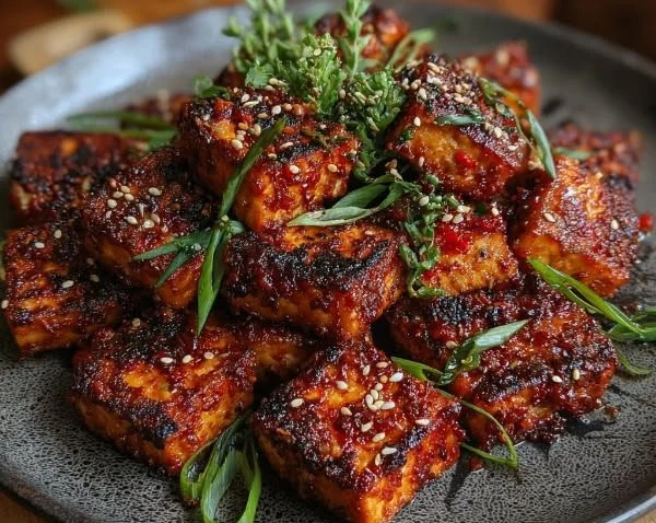 Plate of crispy Gochujang Korean tofu garnished with sesame seeds and green onions