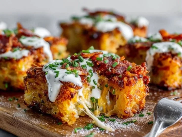 Plate of crispy hash brown squares topped with cheese, sour cream, and green onions.