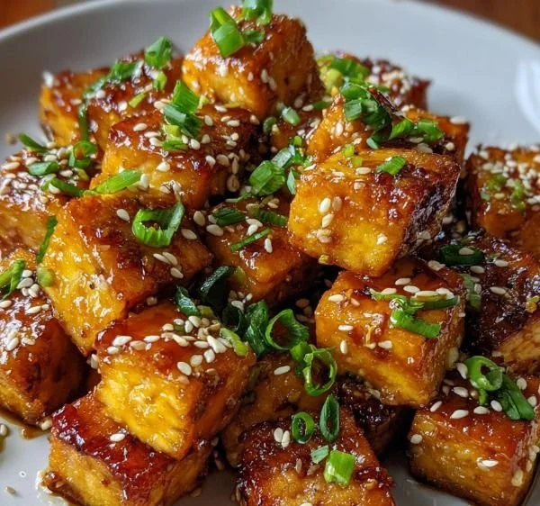 Crispy honey garlic tofu served with fresh vegetables