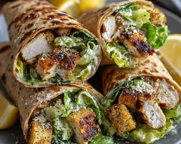 Crispy Lemon Herb Chicken Caesar Wraps ready to serve