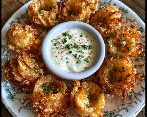 Crispy mini bloomin' onions served with creamy ranch dip