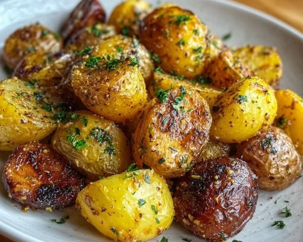 Crispy mustard roasted potatoes served in a bowl, garnished with herbs