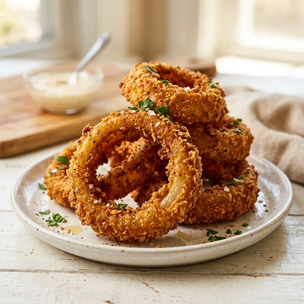 Crispy onion rings cooked in an air fryer, golden and delicious.