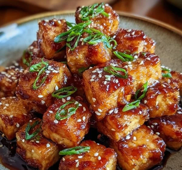 Crispy teriyaki tofu cubes garnished with sesame seeds and green onions