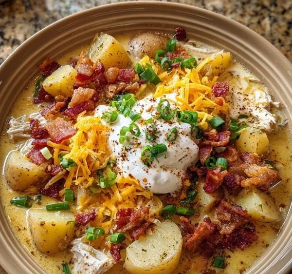 Crock Pot Crack Potato Soup garnished with green onions and bacon bits