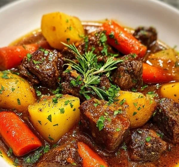 Delicious crockpot beef stew served in a bowl with vegetables