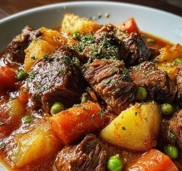 Delicious crockpot beef stew simmering with vegetables and spices.