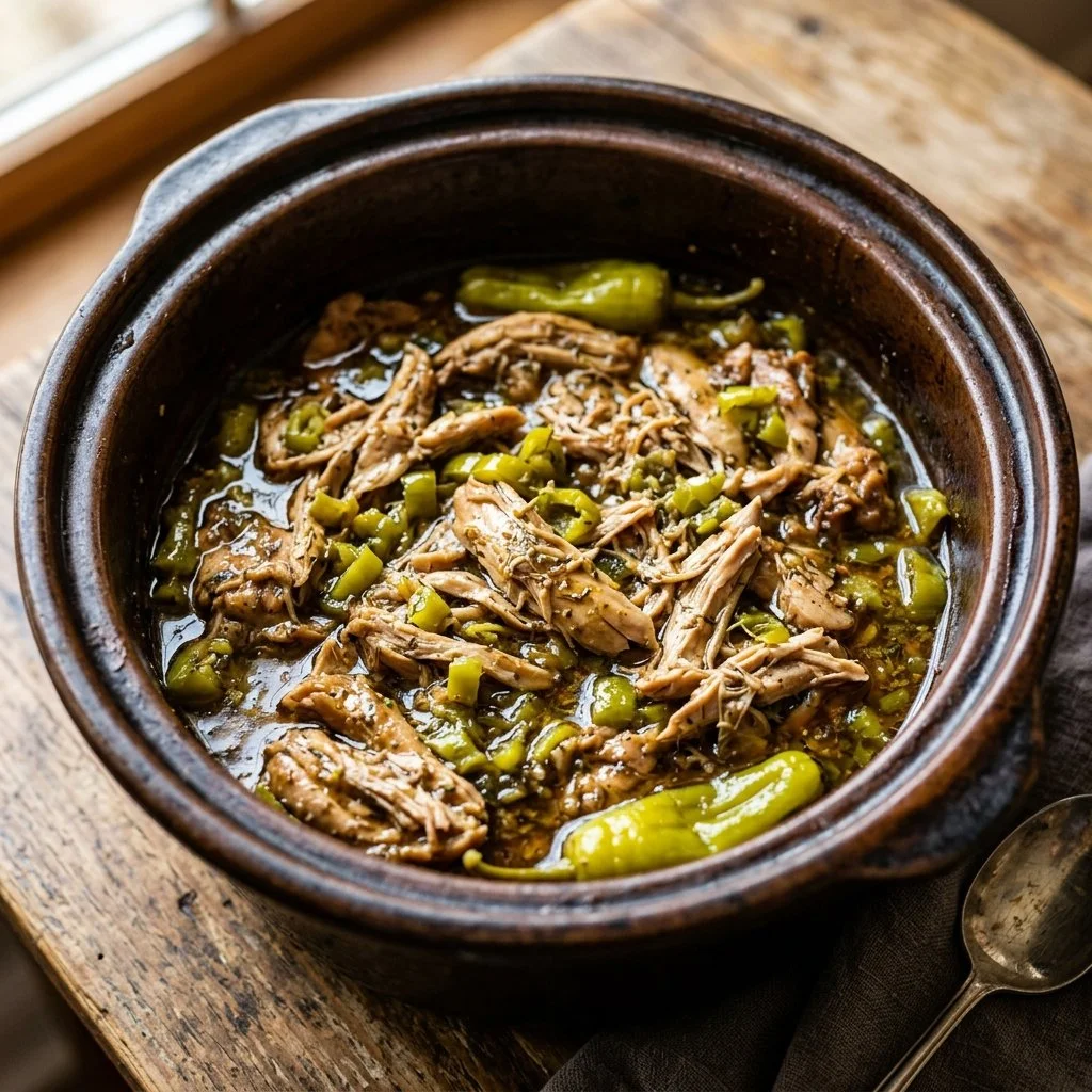 Delicious plate of Crockpot Mississippi Chicken served with sides