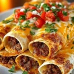 Crispy beef taquitos filled with seasoned ground beef, garnished and ready to eat.
