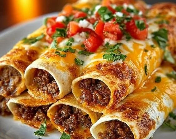 Crispy beef taquitos filled with seasoned ground beef, garnished and ready to eat.