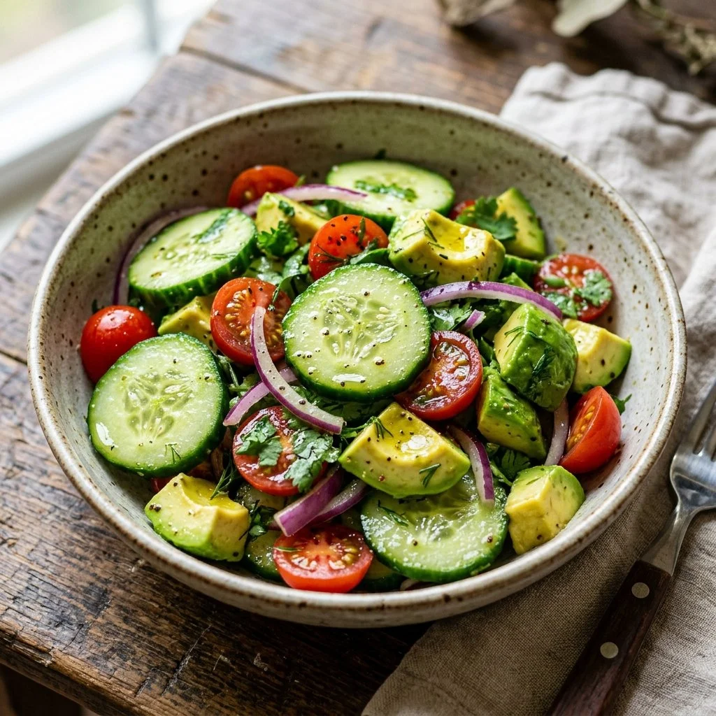 Fresh cucumber avocado salad served in a bowl with cherry tomatoes and dressing