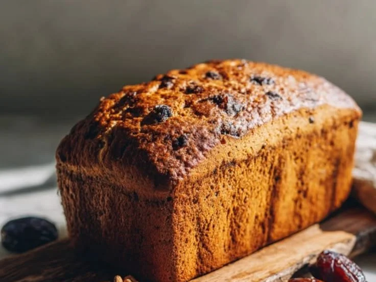 Loaf of homemade Date Walnut Bread with walnuts and dates on a wooden surface