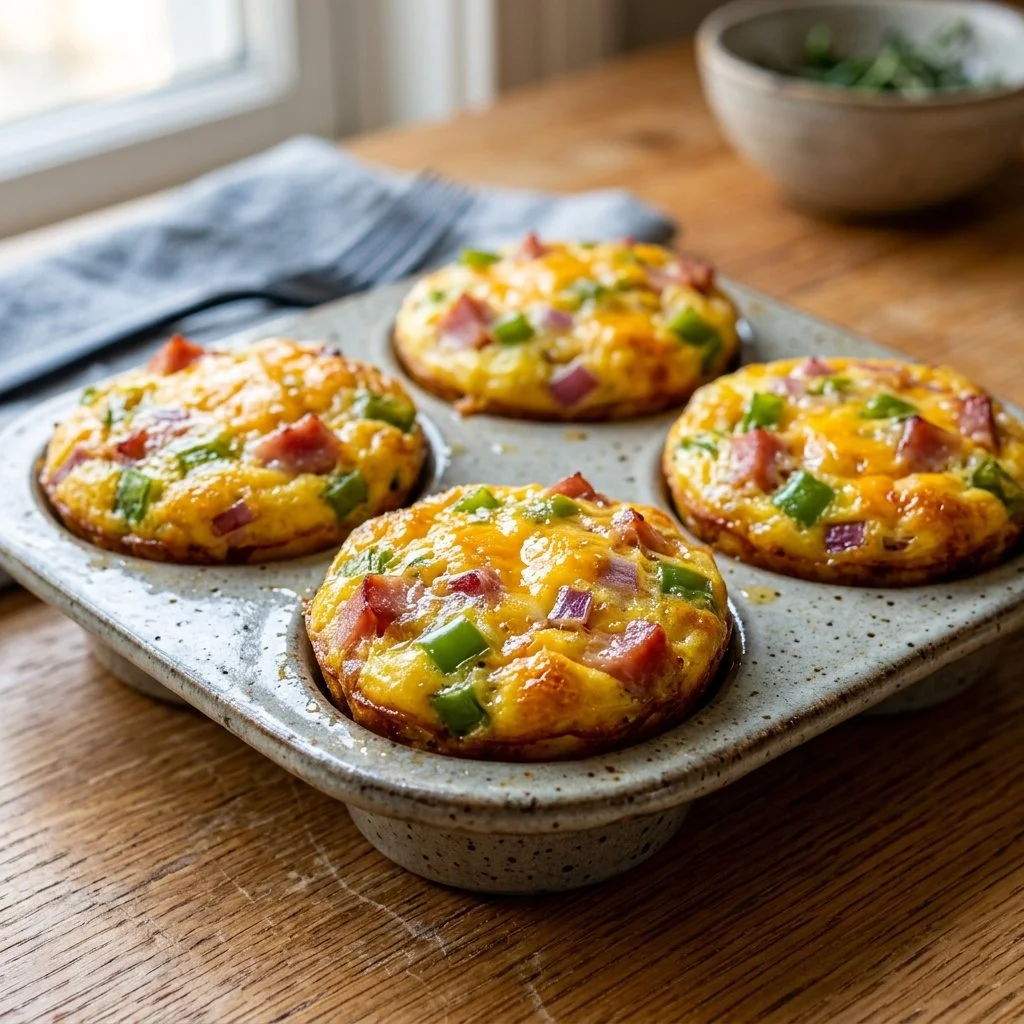 Delicious Denver Omelet Egg Muffins served on a plate with fresh herbs.