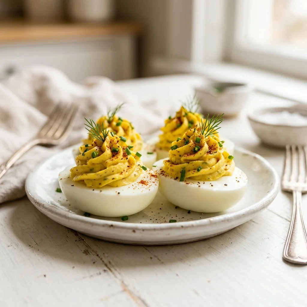 Plate of homemade deviled eggs garnished with paprika and herbs