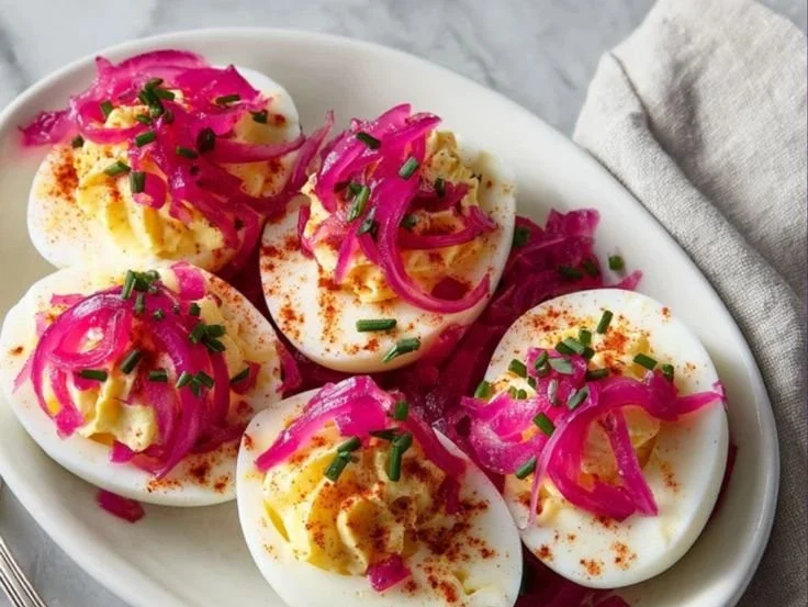 Deviled eggs topped with pickled onions, garnished for an exquisite appetizer.