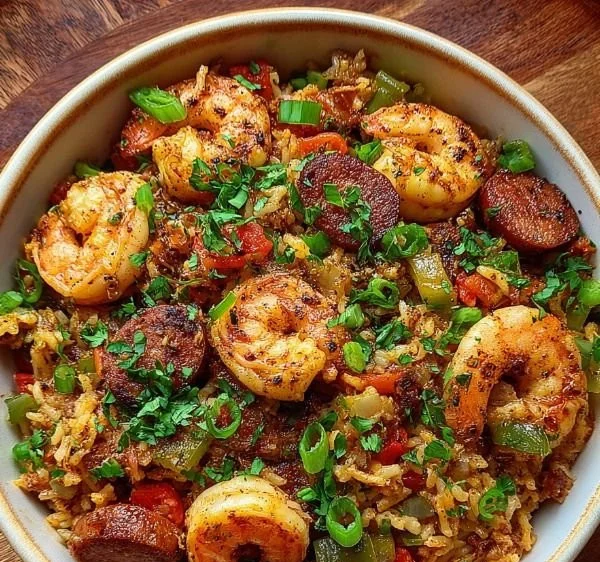 Plate of Dirty Rice with Spicy Shrimp and Sausage garnished with herbs