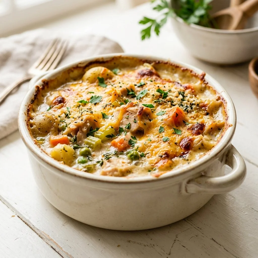 Delicious easy chicken casserole recipe with vegetables and cheese