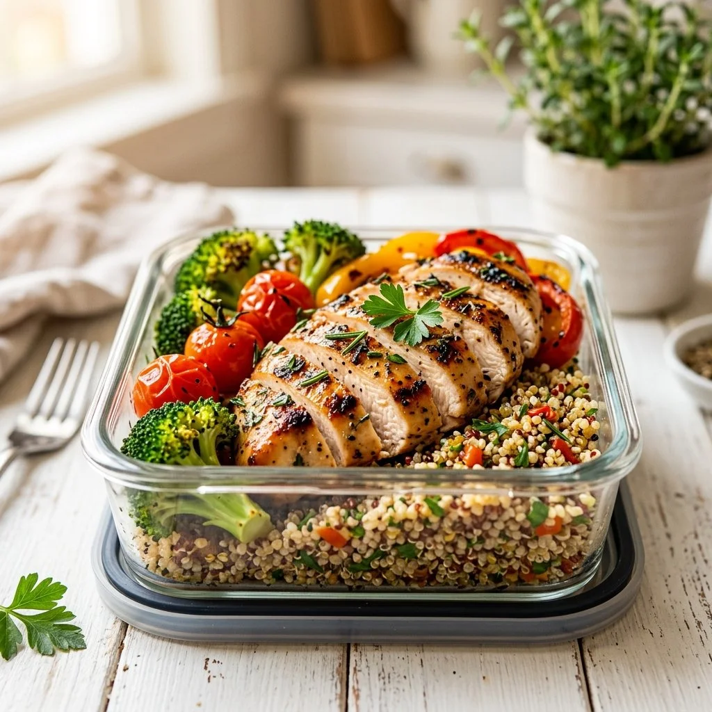 Prepared chicken meal prep in containers for healthy eating