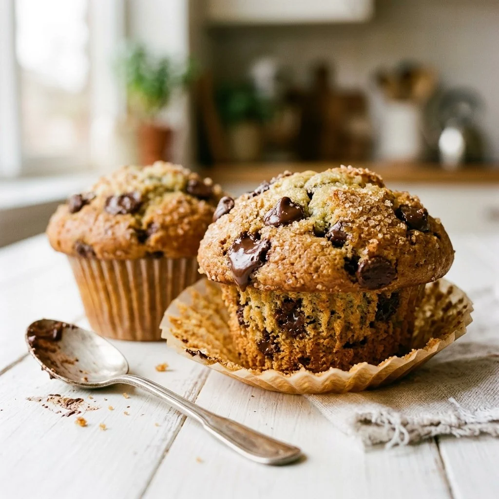 Delicious homemade easy chocolate chip muffins on a plate