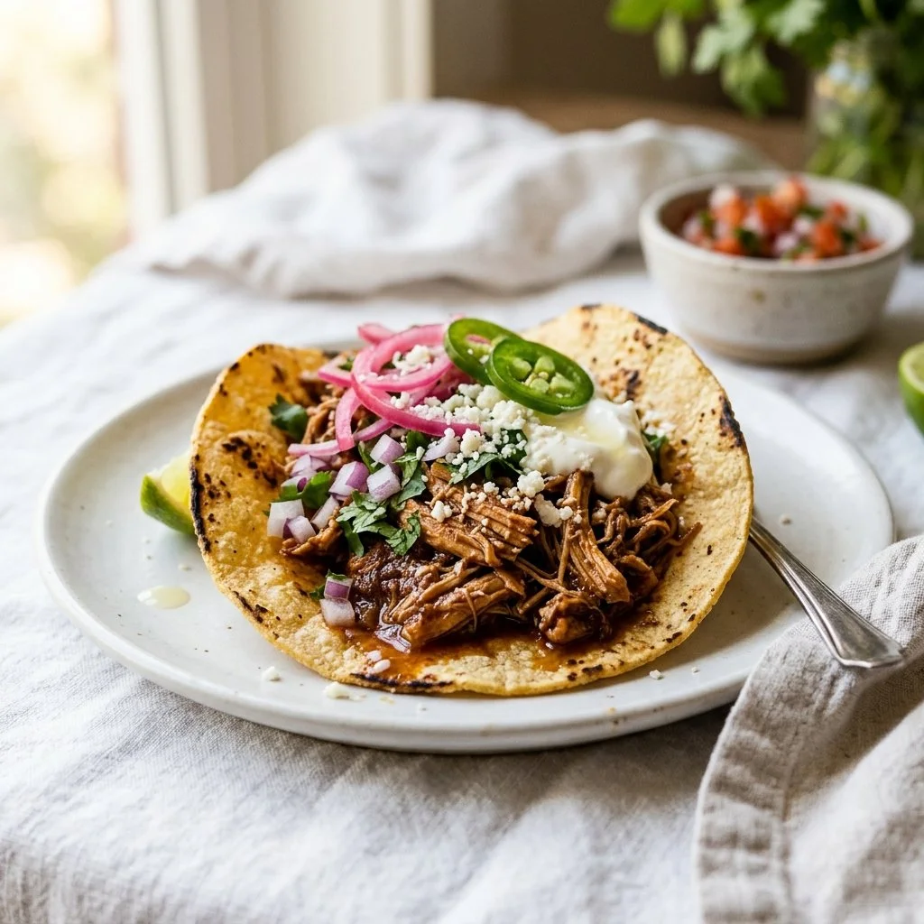 Delicious easy slow cooker chicken tacos served with toppings