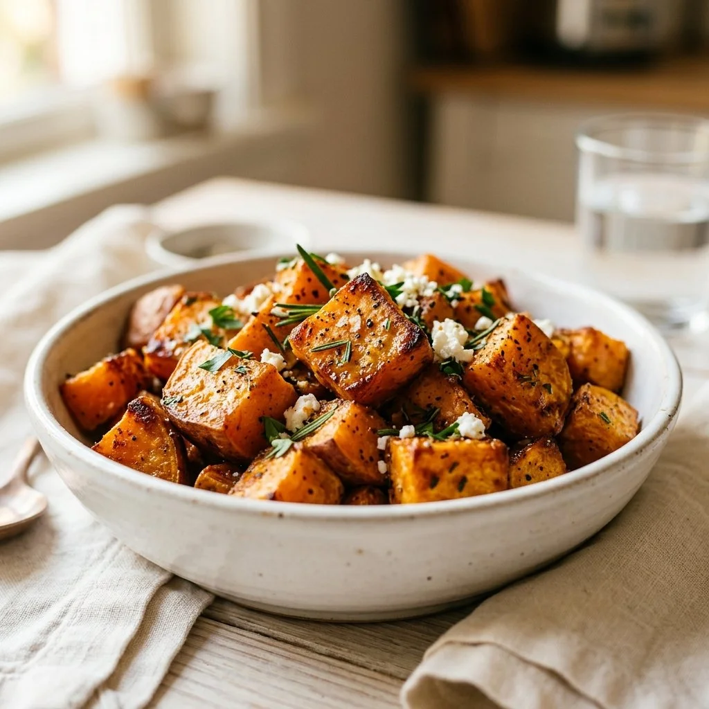 Delicious easy sweet potato dish garnished with herbs and spices