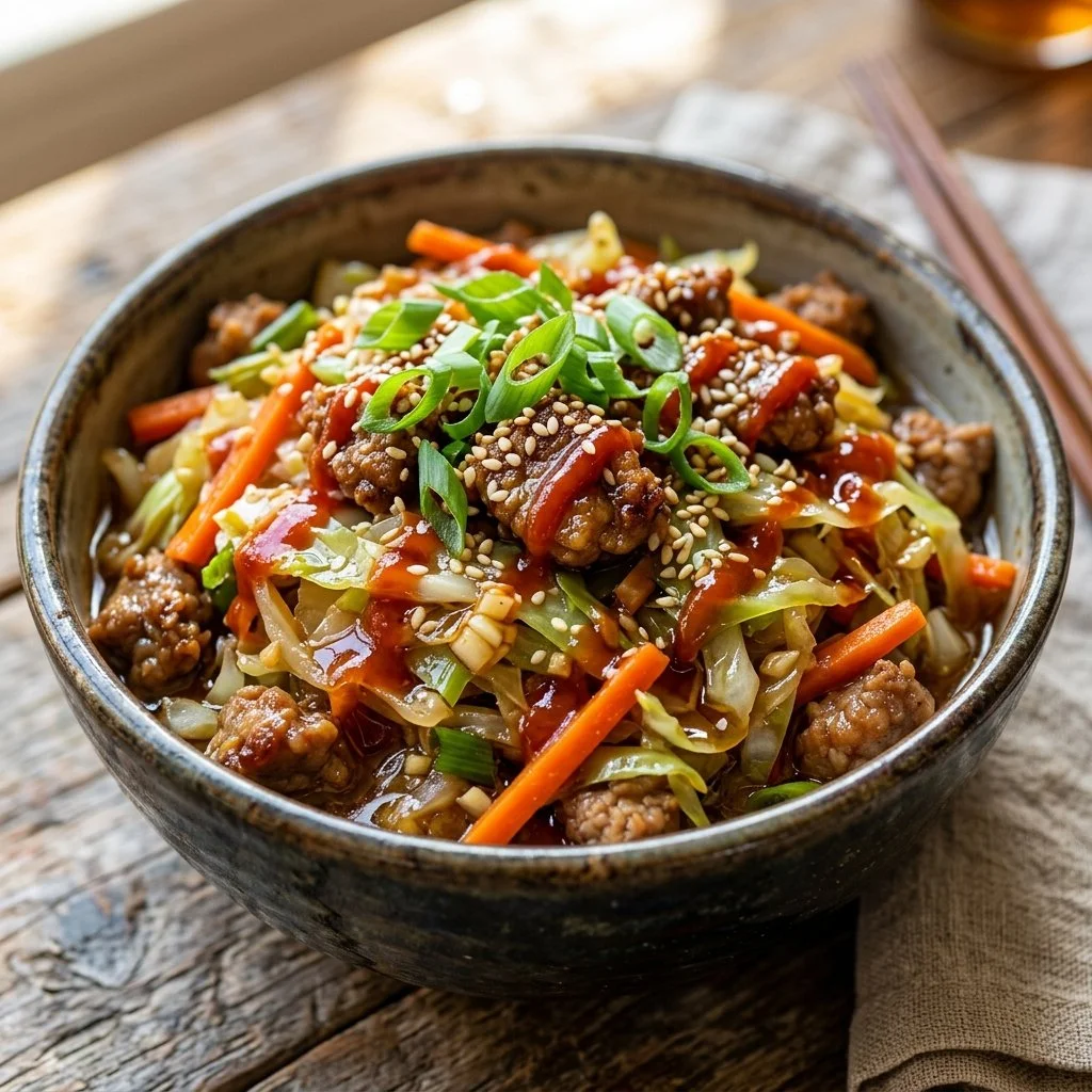 Delicious egg roll in a bowl featuring colorful vegetables and savory pork.