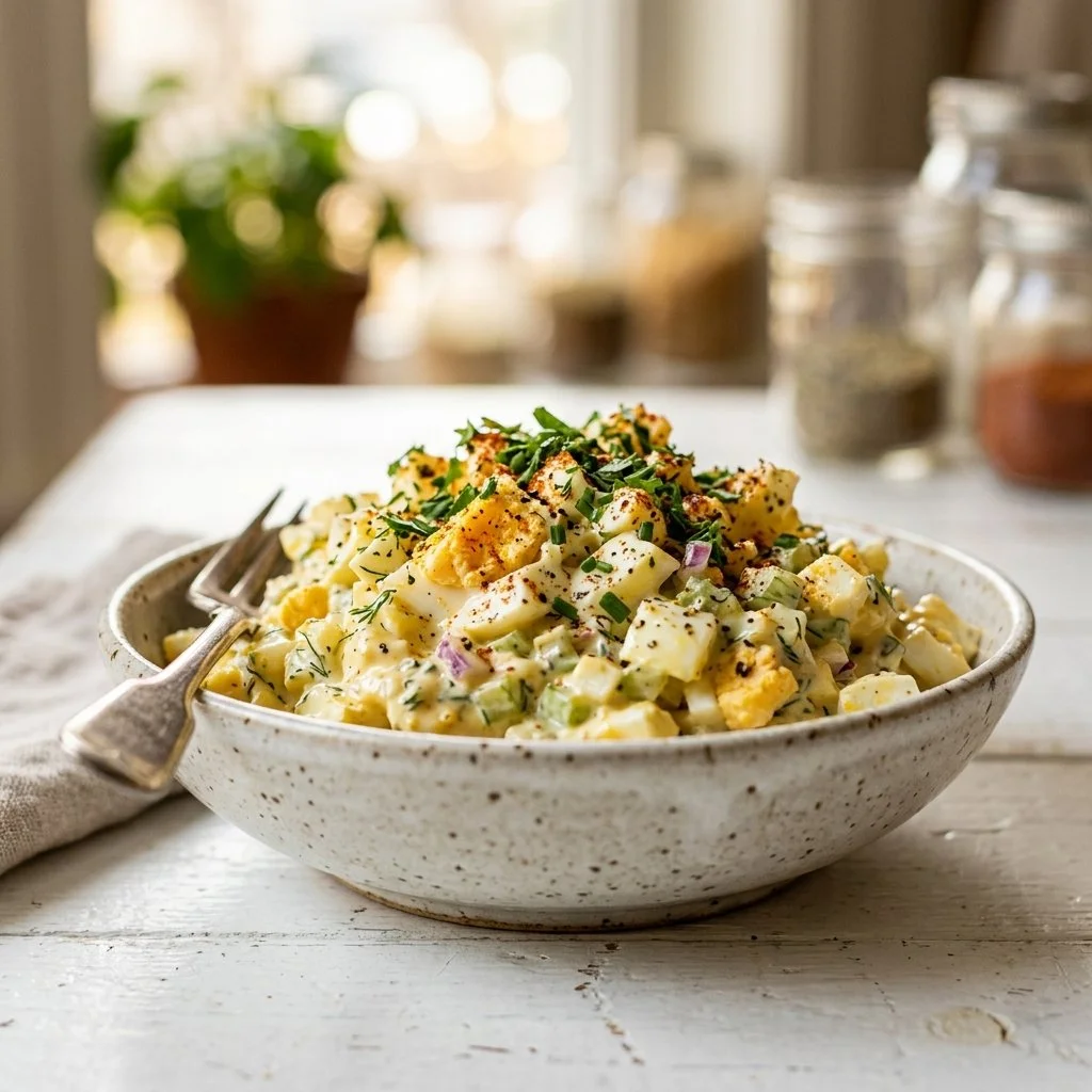 Delicious homemade egg salad served on a fresh sandwich.