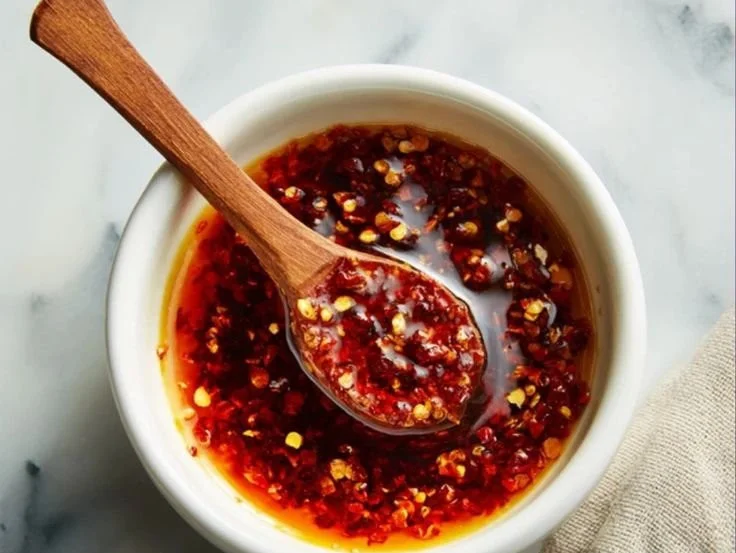 Fiery Garlic Chili Crisp jar with vibrant colors and spices inside.