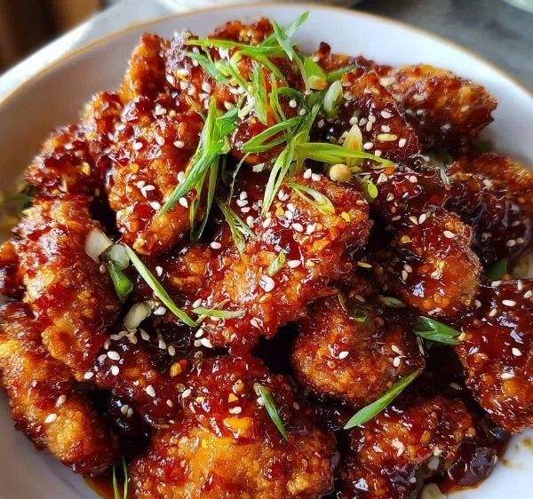 Firecracker Chicken with crispy coating and sweet tangy glaze