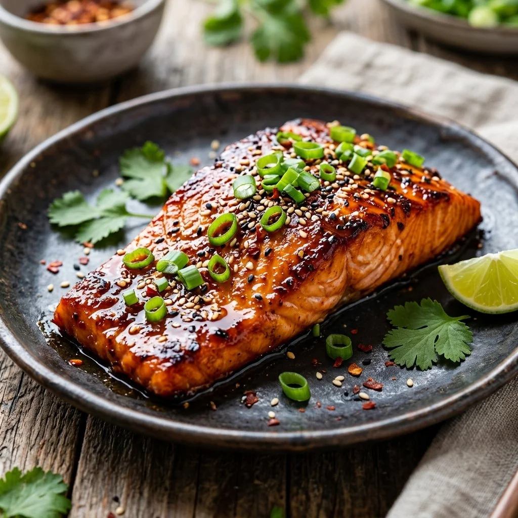 Firecracker Salmon recipe with spicy seasoning and garnishes