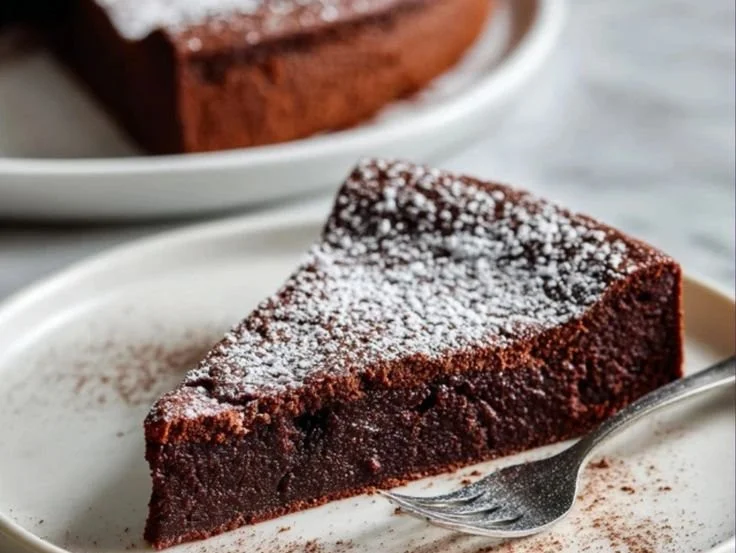 Flourless chocolate torte dessert on a white plate with garnishes