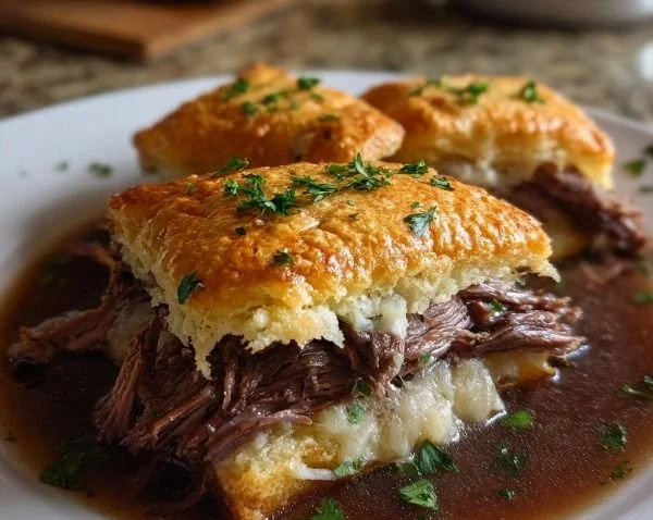 Delicious French Dip Squares served with au jus for dipping