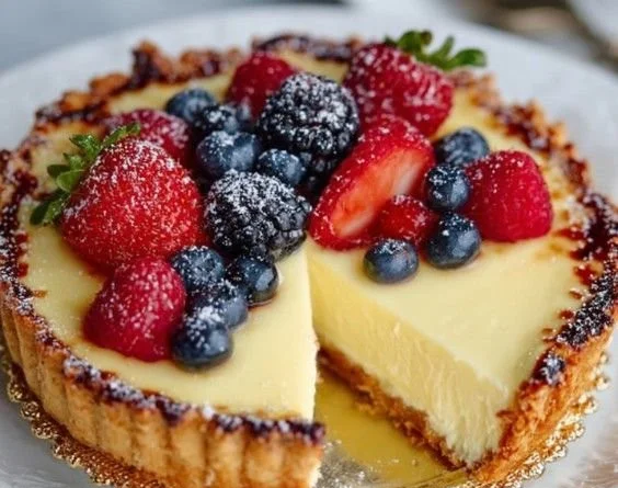 French lemon cream tart with zesty lemon filling in a buttery crust