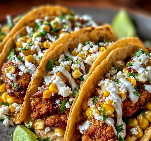 Delicious fried chicken street corn tacos served with fresh toppings