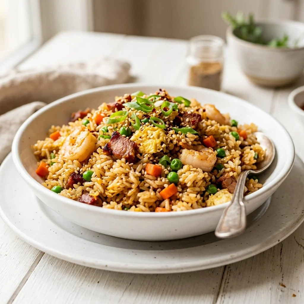 Delicious homemade fried rice served in a bowl with vegetables and eggs.