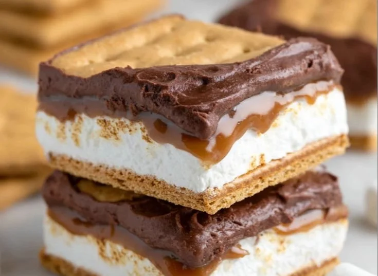 Delicious frozen s'mores dessert served on a plate with graham crackers and chocolate.