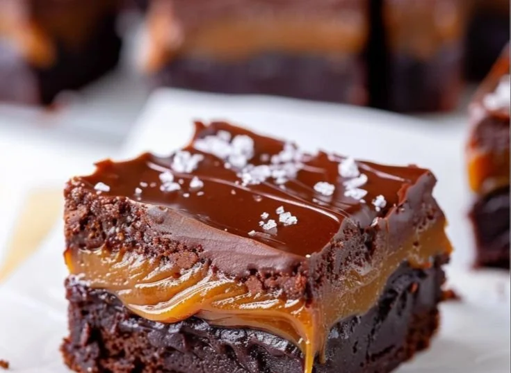 Delicious fudge caramel chocolate brownies on a plate