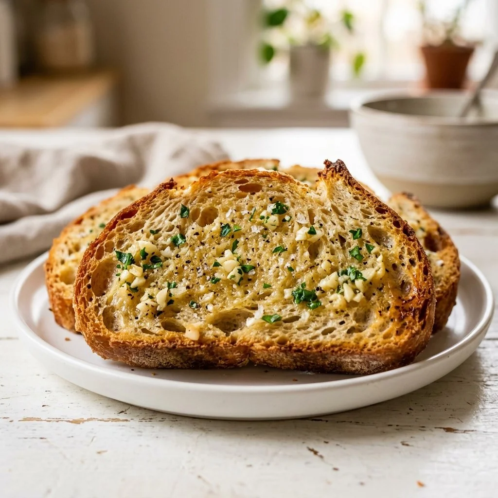 Freshly baked garlic bread with a golden crust and herb toppings