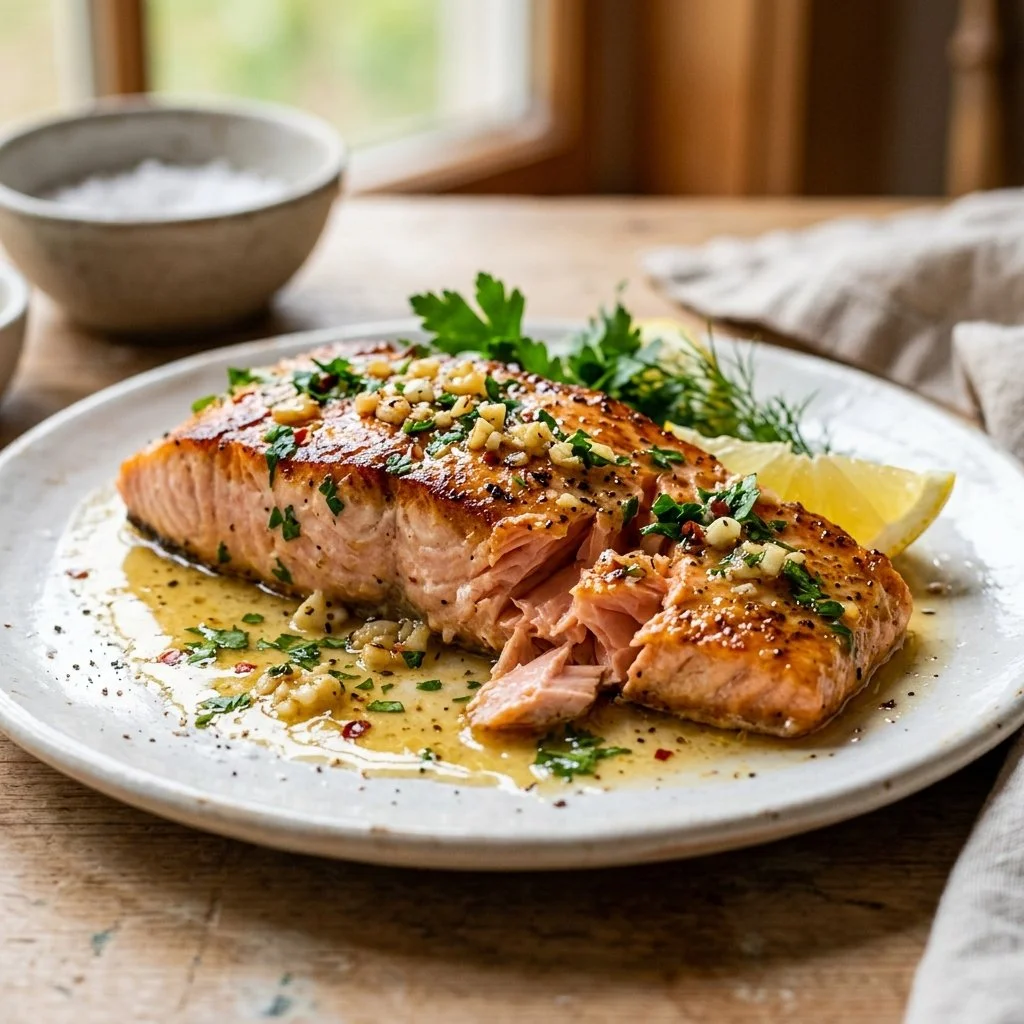 Garlic Butter Salmon fillet garnished with herbs on a plate